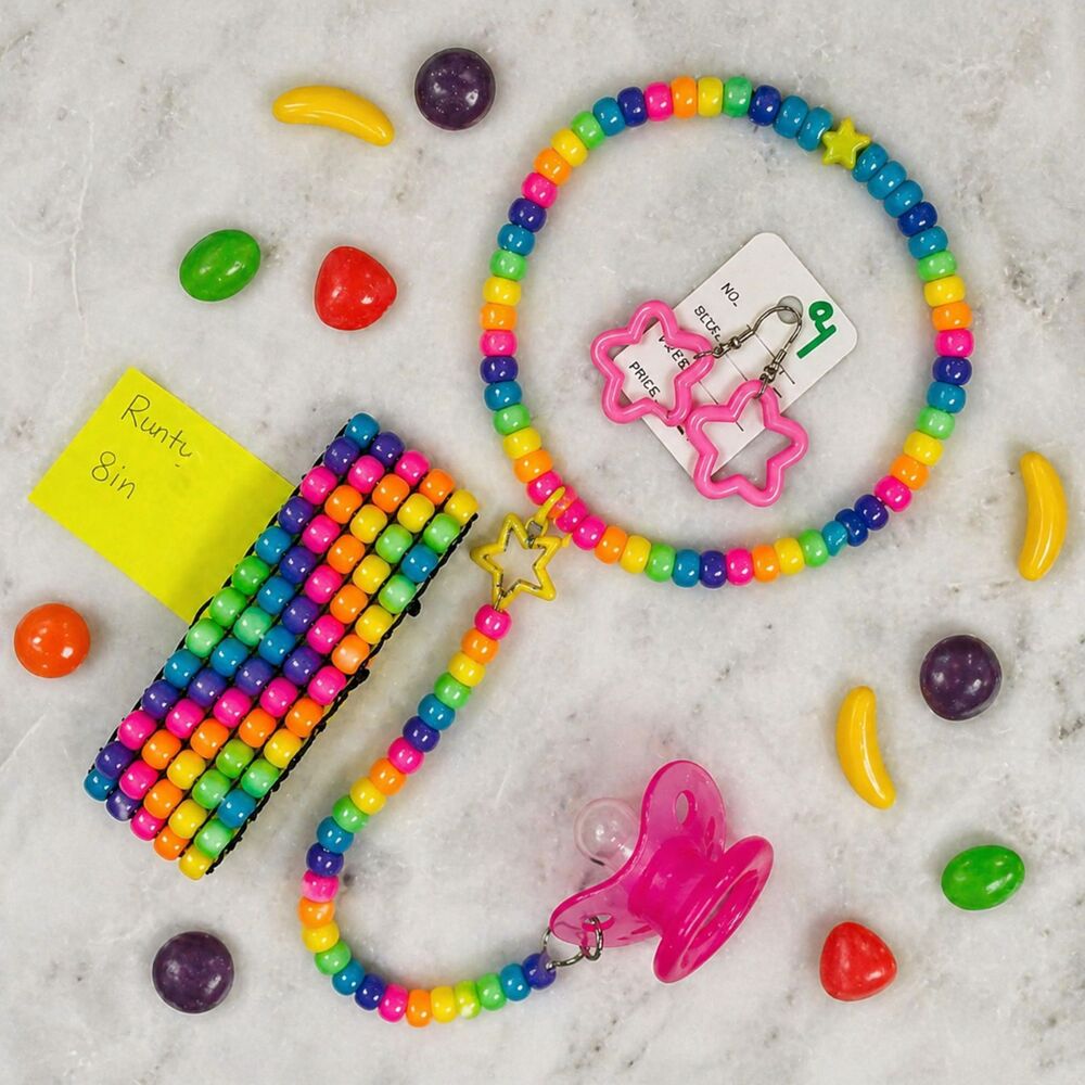 (Runtz) Rainbow kandi Rave 6pc Set choker cord binky earrings cuff